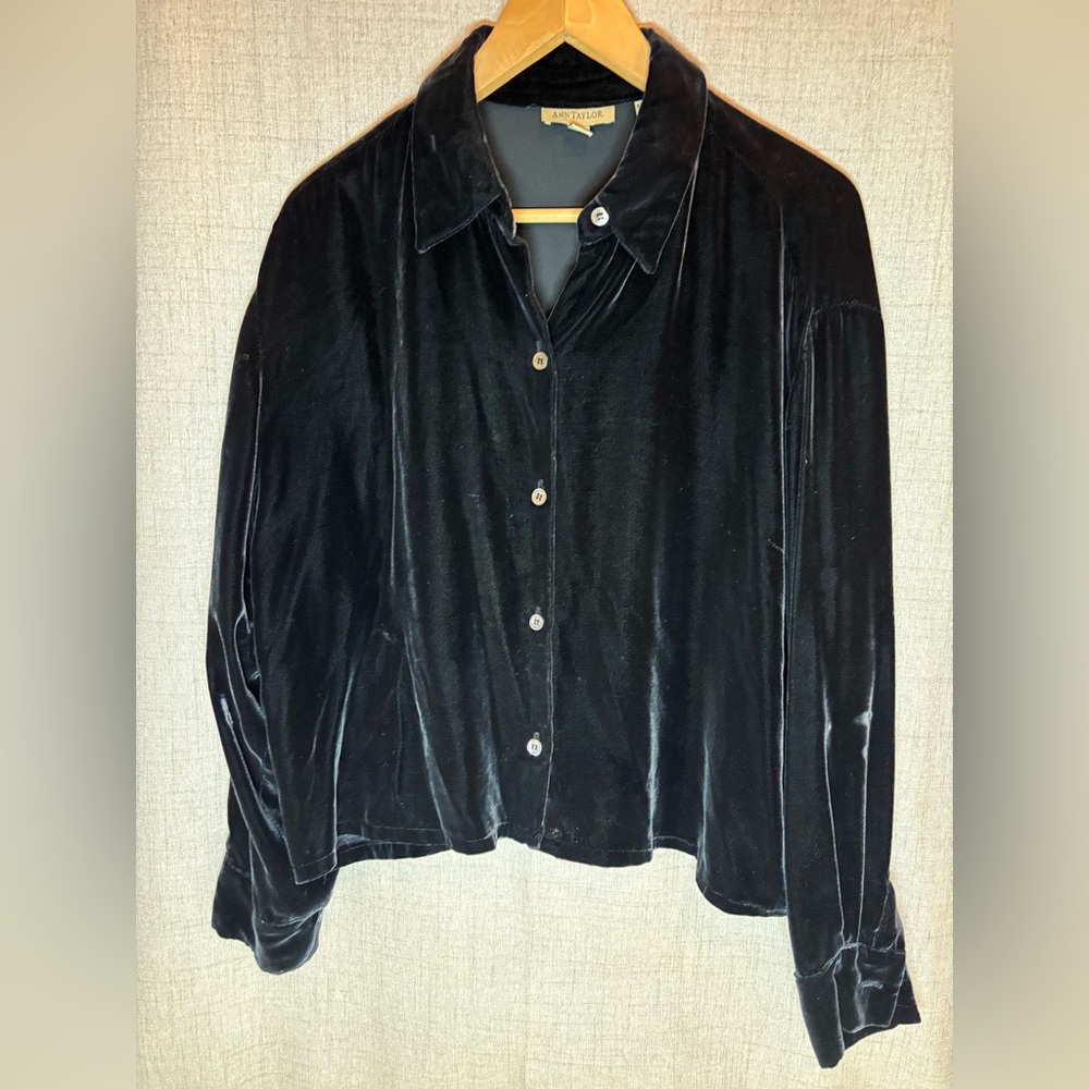 ANN TAYLOR black velvet velour holiday dressy blouse winter fall. Medium